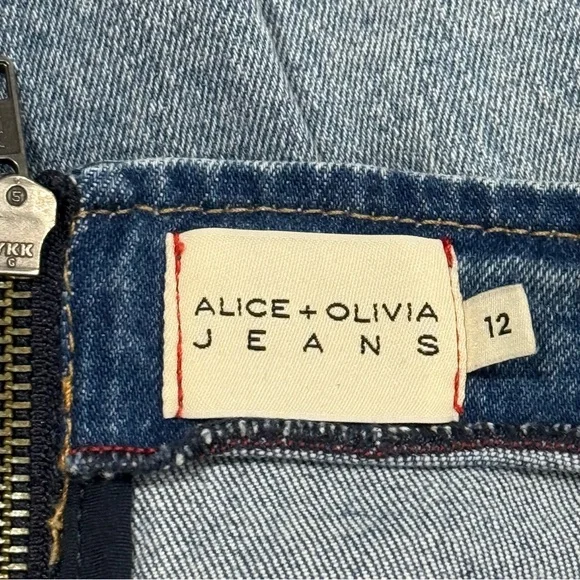 Alice + Olivia Denim Overall Skirt Dress 12 Stretch Fitted Preppy Y2K Bow Luxury - Picture 7 of 13